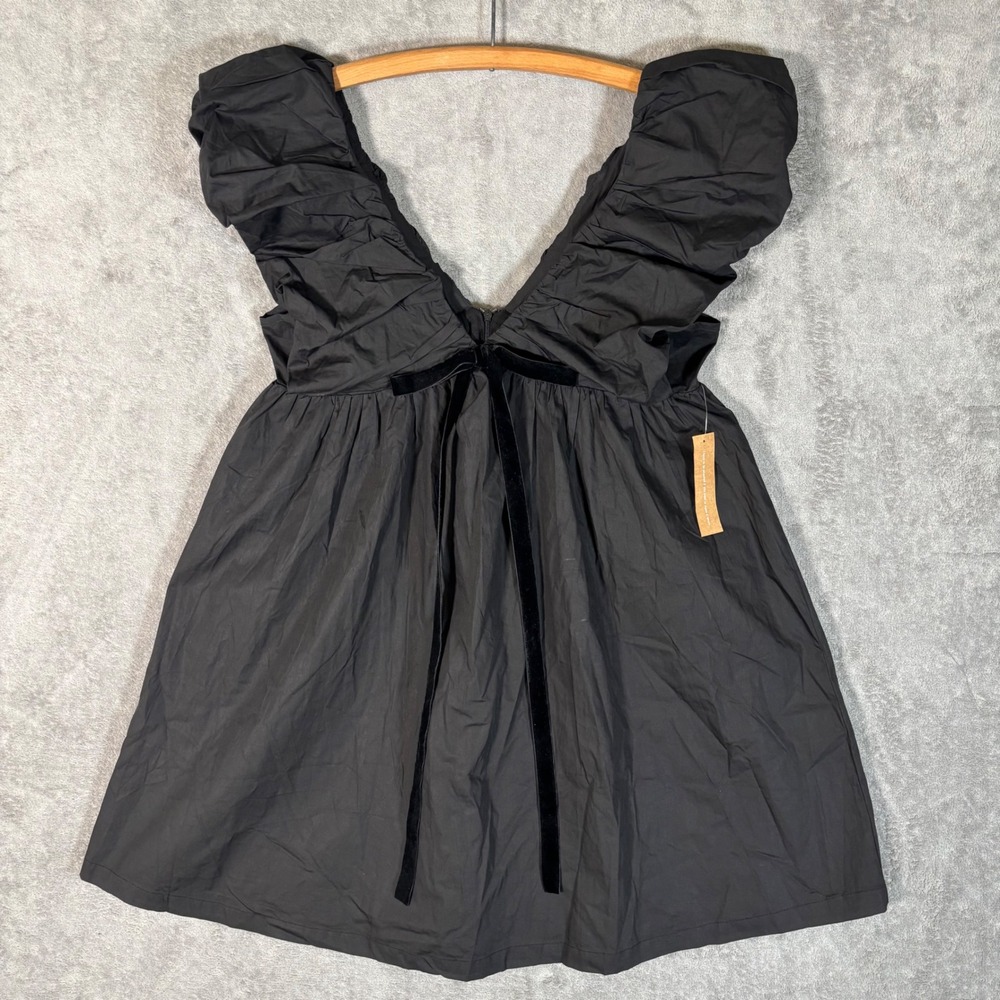 o.p.t Tuckernuck Black Ruched V-Neck Babydoll Mini Didi Dress Velvet Bow NWT Med